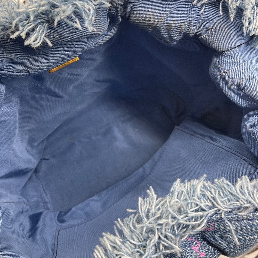 CHANEL 2022 BLUE MULTI QUILTED FRINGED LOGO PRINTED DENIM MOOD CHAIN MINI SHOULD - Picture 13 of 13